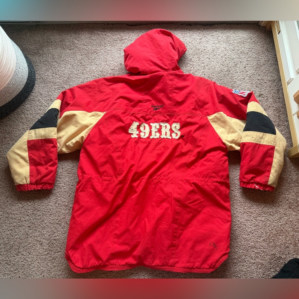 vintage reebok NFL pro line puffer jacket san francisco 49ers gold stadium coat